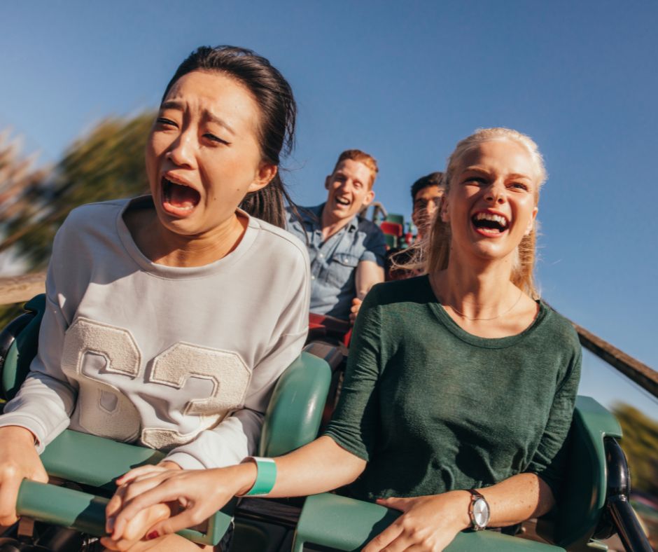 The Blog Writer's Guide to reality - two women on a rollercoaster ride, one laughing one petrified