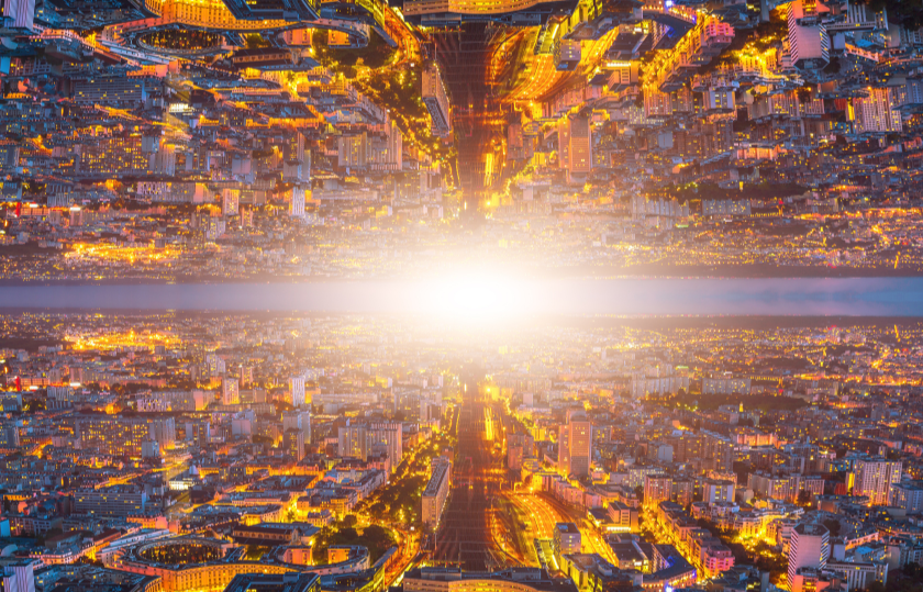 i think i may be dead - image of a city reflected in a parallel universe