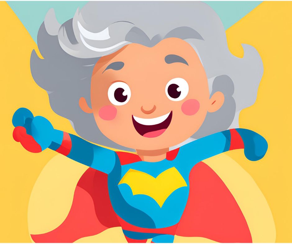 Latest Observations - Cartoon image of a superhero in red and blue with a red cape flying, the super hero is an elderly grey haired lady