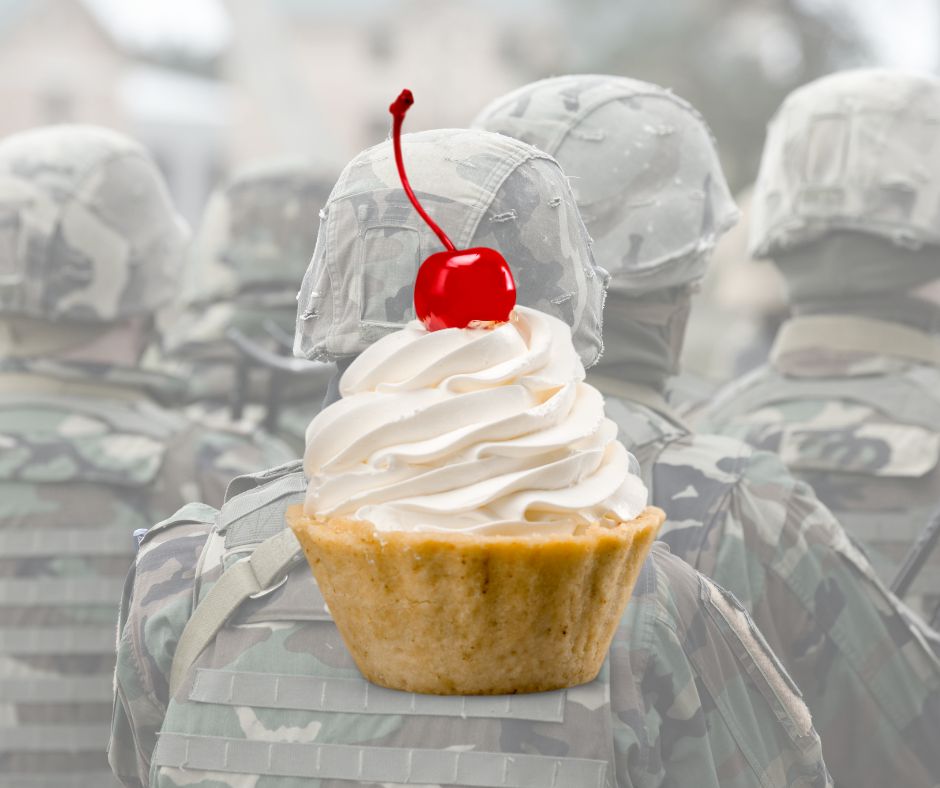 Something to get my teeth stuck into - faded image of the backs of a troop of soldiers in the background in the foreground a cream cake with a cherry on the top