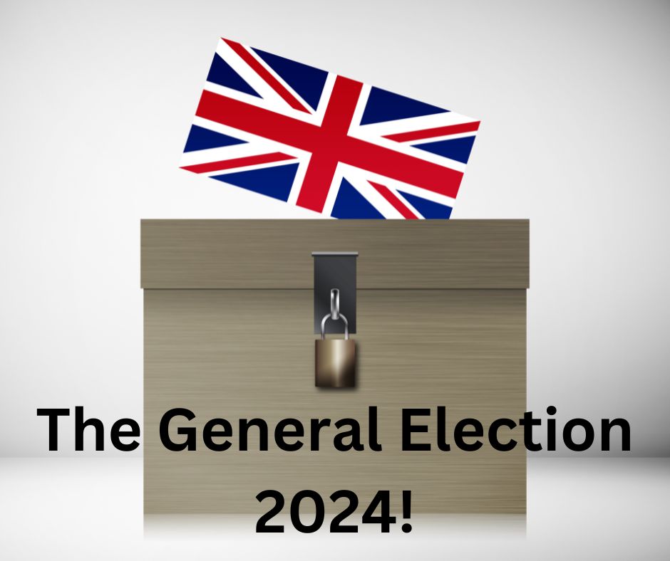 Something to get my teeth stuck into - image of a locked polling day vote box and a union jack flag card going into it. The words The General Election 2024 are written over the box