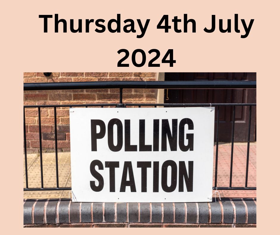 Something to get my teeth stuck into - image of a polling station sign on a black railing and the words Thursday 4th July 2024