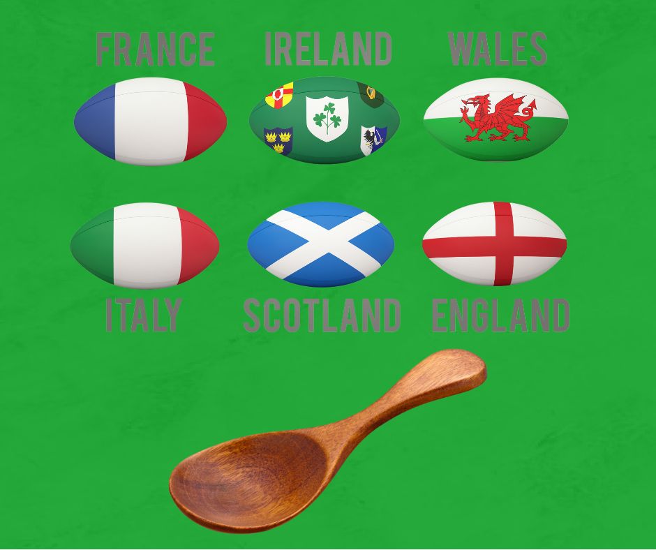 latest observations - green background with 6 rugby balls each showing the national flag for England, Scotland, Wales, Ireland, France and Italy and a wooden spoon beneath them