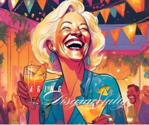 Cartoon image of an older lady with blonde hair throwing her head back laughing with a cocktail in each hand, there's a party in the background - Aging Disgracefully