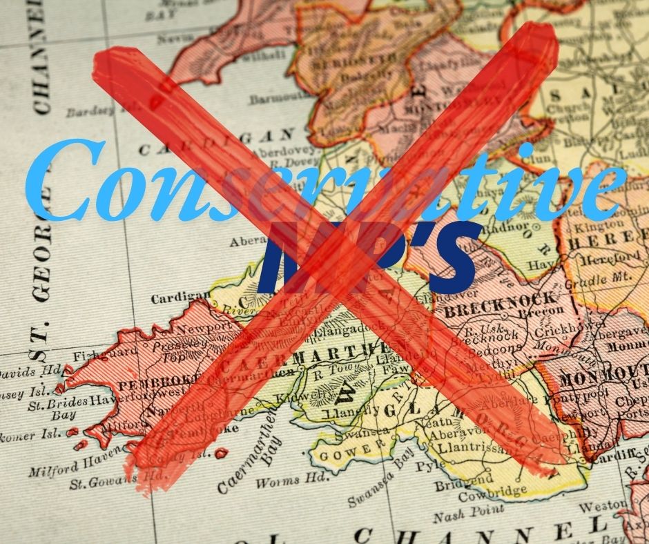 Map of Wales with the words Conservative MP'S in blue written across it, they are crossed out with 2 red lines - Taxi for Sunak