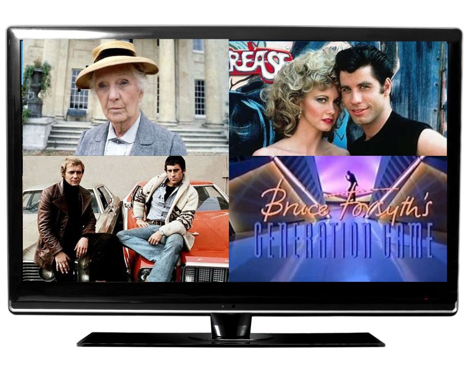 TV screen with images of Miss Marple, Grease, Starsky and Hutch and The Generation Game showing on it - Aging Disgracefully