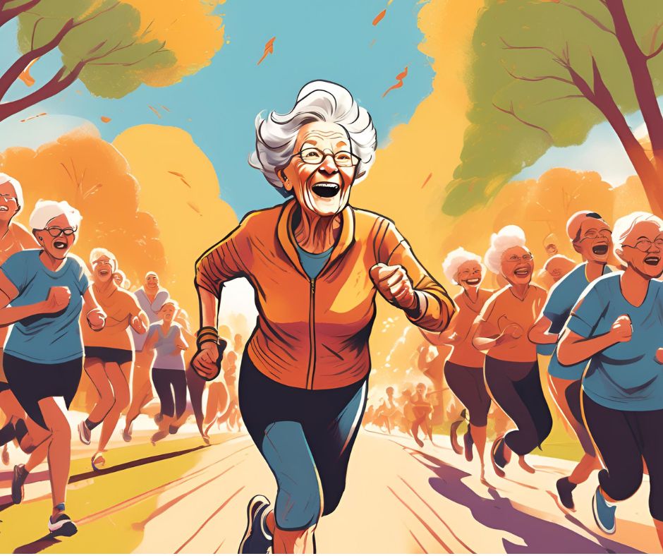 OAP'S - Cartoon image of an elderly woman running confidently in a race