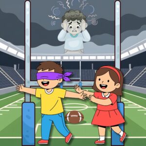 2 children playing blind man's buff at the WRU stadium, another child in grey is up in the sky (like a junior 'god') holding his hands to his head