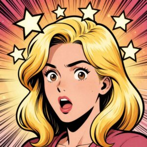 Cartoon blond woman with stars circling her head - for the gin and panic blog