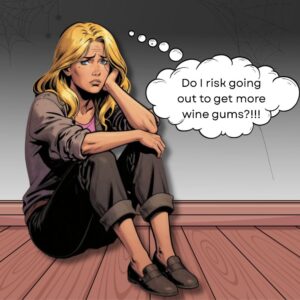 A blond woman sat in a dark space on a wooden floor, wondering if it is safe to go out for more wine gums - “You Can’t Do That Here Mate”