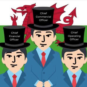3 businessmen (same guy) standing in front of a Welsh flag, wearing top hats with different titles: Chief Financial Officer, Chief Operating Officer, and Chief Commercial Officer!
