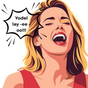 Blond woman in a red dress yodelling!