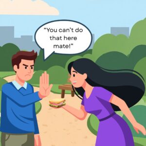 Man in a park holding his hand in a stop sign to a woman who has a sandwich - he is saying 'you can't do that here mate!