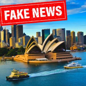 Conspiracies - Sydney Harbour and Opera House with 'Fake News' stamped above it in red and white