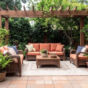 Wales, weather and cloud - a pergola with a piece garden suite and coffee table beneath it in a garden filled with shrubs