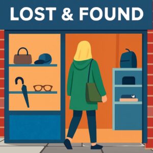 A blond woman walking into the Lost and Found Shop - Wales, Weather and cloud graphic