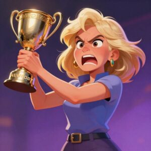 Angry blond woman holding a gold cup with Newport written on it for The Daily Mail V's Newport