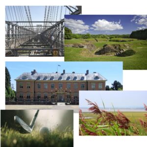 5 images showing different areas of Newport, including the Roman Amphitheatre, Tredegar House, the transport bridge, wetlands and a golf ball and club